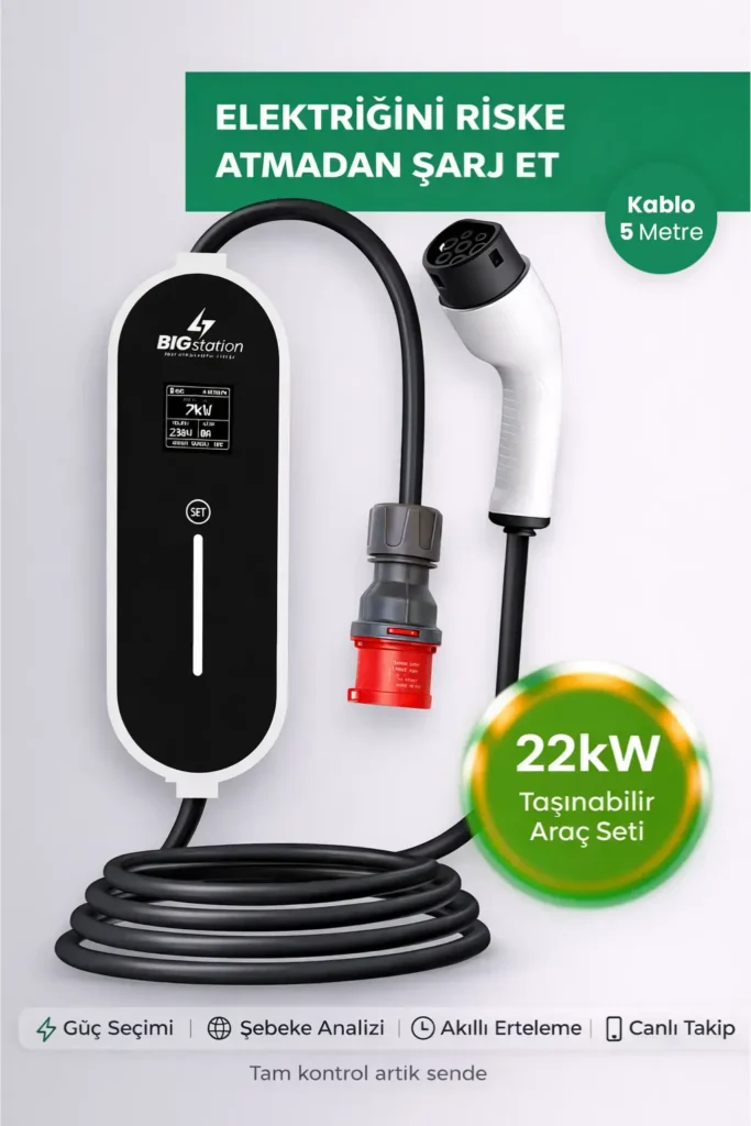 BIGstation 22kW Taşınabilir Akıllı EV AC Şarj Cihazı Wi-Fi Destekli (5 Metre)